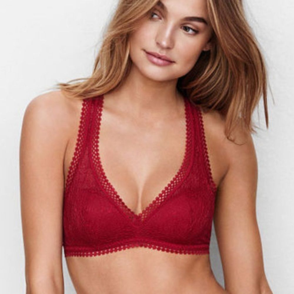 Victorias Secret Lace Plunge Racerback Push-up Bralette Red Small